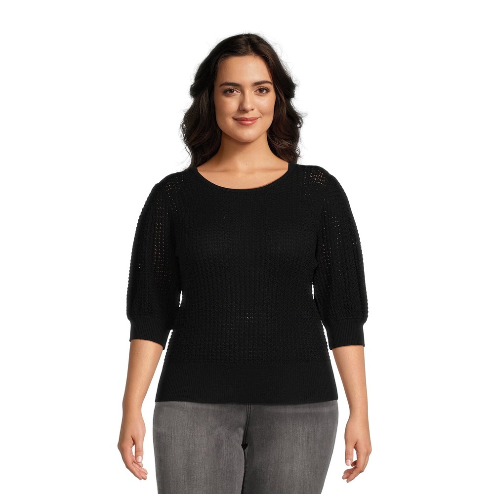 Terra & Sky Womens Black Textured Mesh Knit Puff Sleeve Sweater 2XL‎